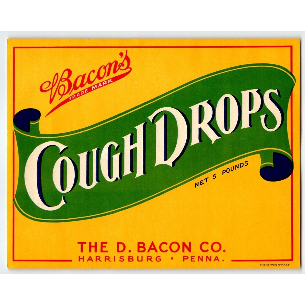 Bacons Cough Drops Crate Label 1940s Vintage Original Harrisburg Pennsylvania